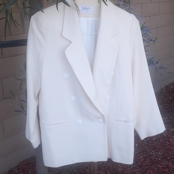 TALBOTS Petites Cream Ivory 100% Wool Blazer Double Breasted Suit jacket sz 12 ? - Picture 7 of 11